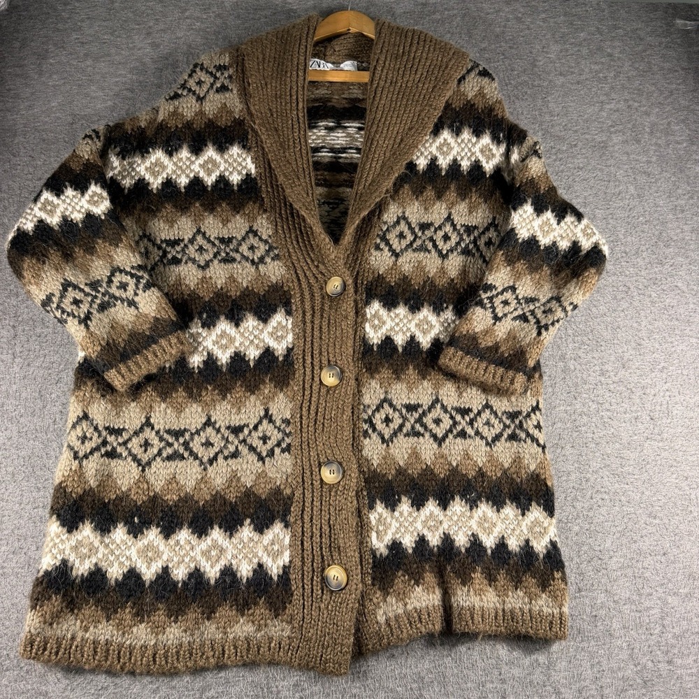 ZARA Multicolor JACQUARD CARDIGAN Knit Lapel Collar Long Sleeve M Alpaca Blend